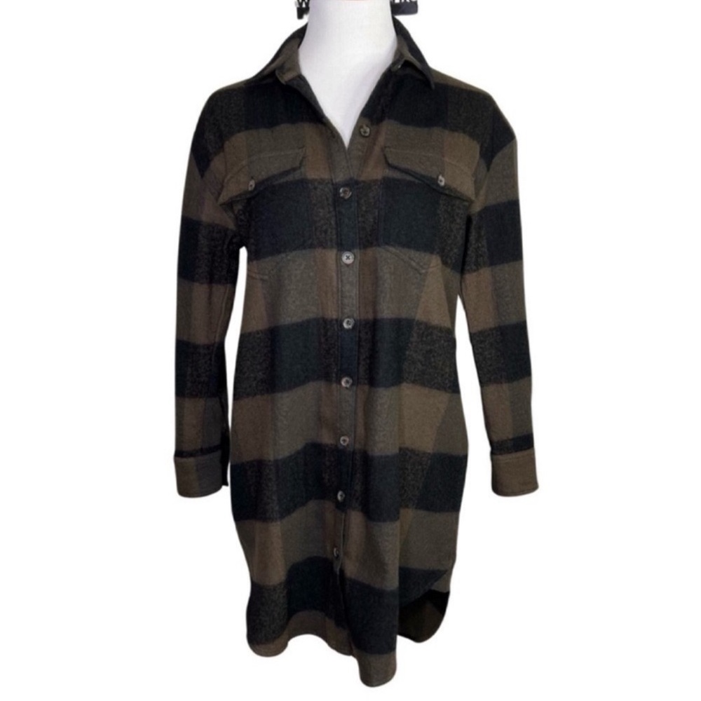 James Perse Wool Long Shacket XS Brown Black Buffalo Plaid Oversized Neutral - Picture 2 of 9